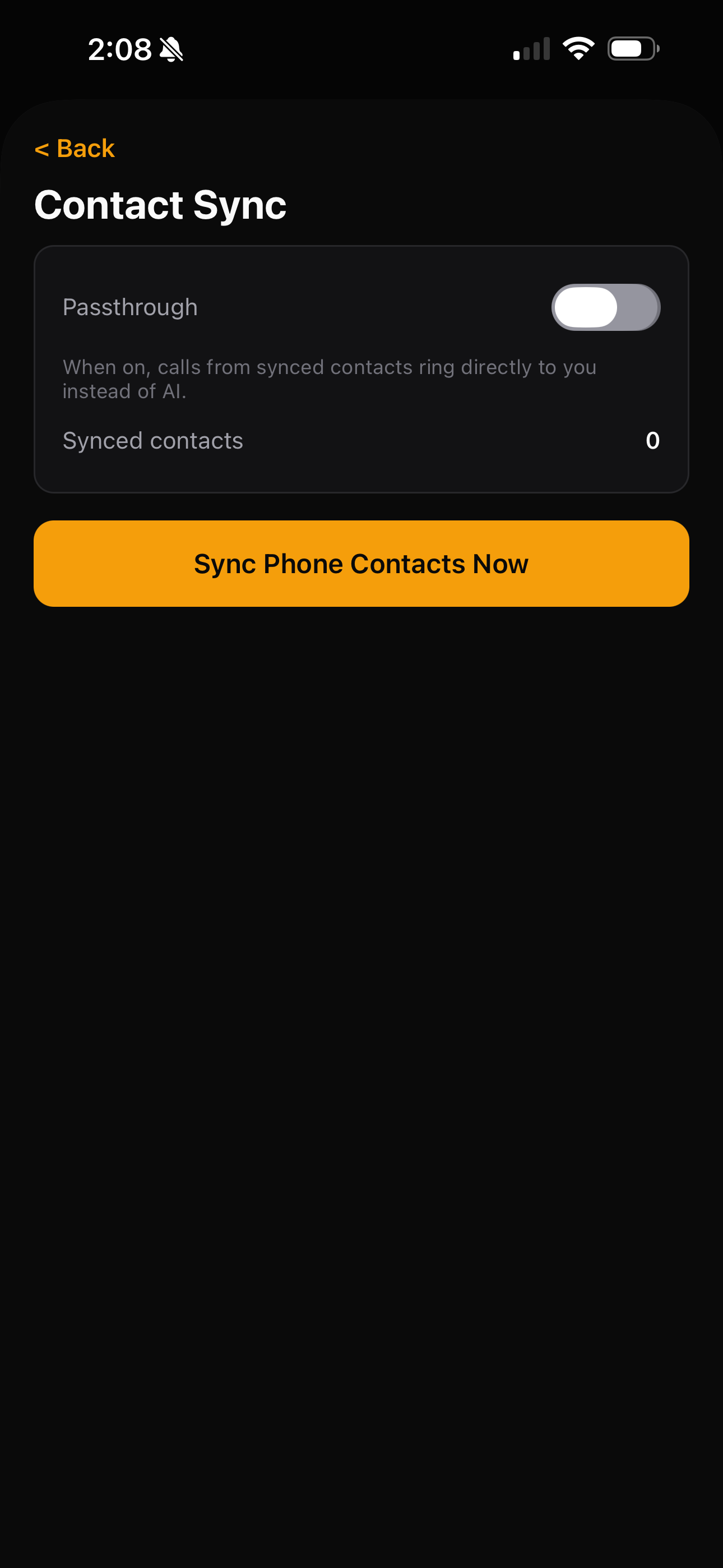 Contact sync with passthrough toggle