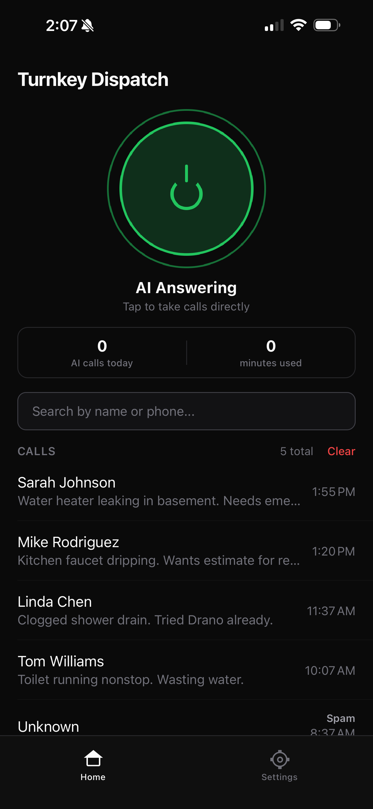 Turnkey Dispatch app showing AI answering toggle, call stats, and live call list
